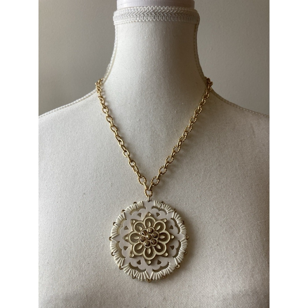 Gold Tone Boho Floral Medallion Pendant Necklace White Filigree Statement